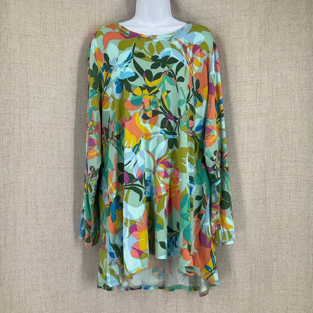 LOGO Lori Goldstein Tunic Women 2X Green Floral Long Sleeve Boho Coastal Artsy
